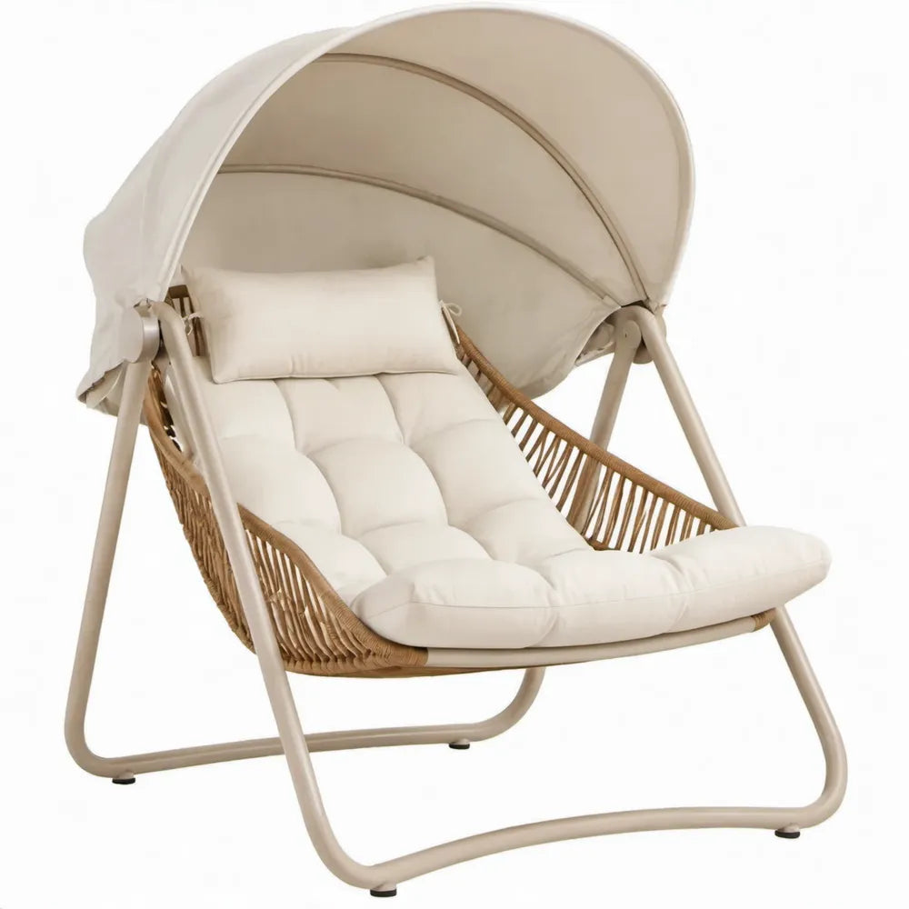 Crème beige ligbed met verstelbaar zonnedak, stalen frame en gevlochten polyester touw, 120 x 90 x 165 cm
