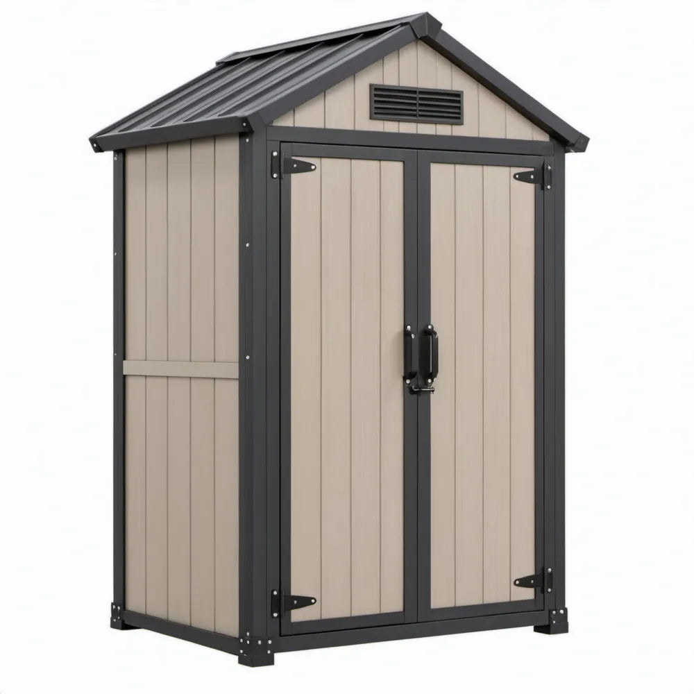 Kunststof opbergschuur 129 x 103 x 196 cm beige/antraciet met dubbele deuren
