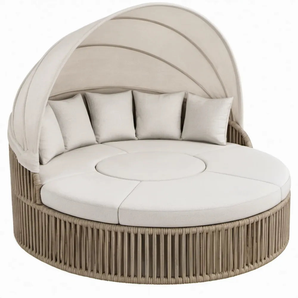 Rond buitenligbed met hemel en kussens van PE-rattan, 180 x 180 x 180 cm, Beige/Taupe