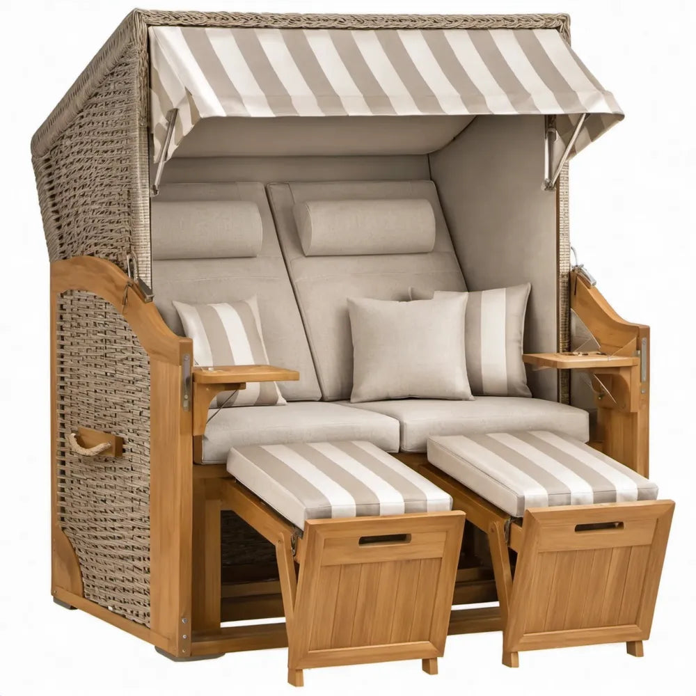 Strandkorf voor 2 personen met verstelbare luifel en uitschuifbare voetensteunen, beige/wit/naturelbruin, 120 x 80 x 160 cm
