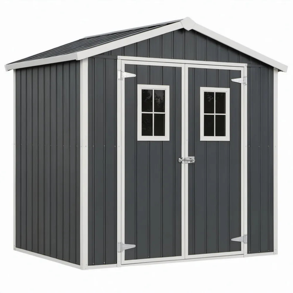 Metalen opbergschuur 203 x 121 x 180 cm met dubbele deur en vensters Antracietgrijs/Wit