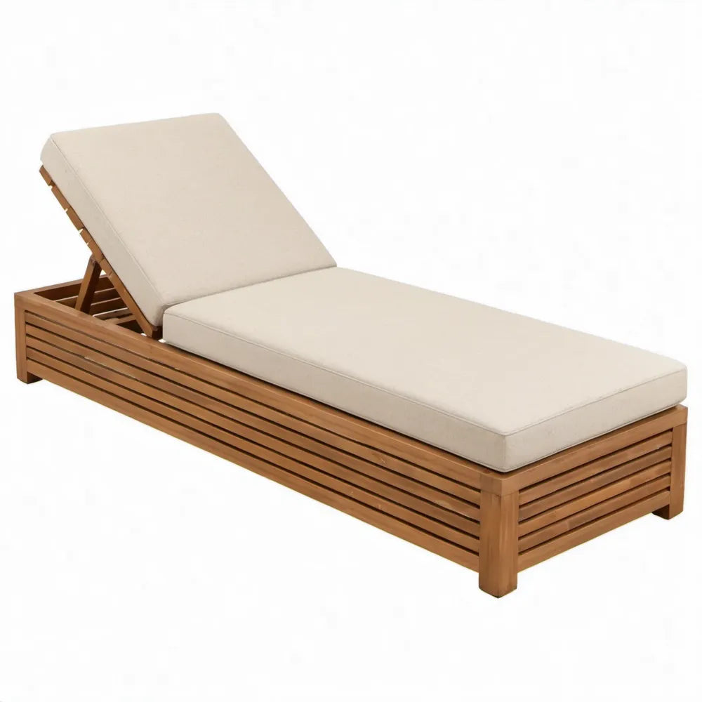 Verstelbaar acaciahouten ligbed met beige kussen, 200 x 65 x 30 cm