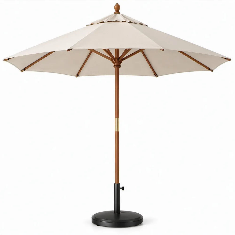 Achthoekige tuinparasol Ø 300 cm beige met houten frame en stalen voet, hoogte 260 cm