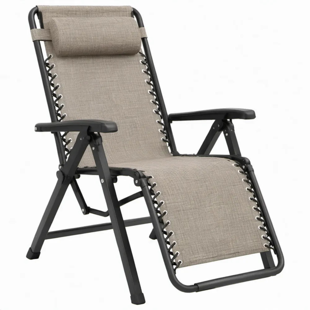 Verstelbare opvouwbare relaxstoel met hoofdsteun, taupe/zwart, 90 x 65 x 110 cm