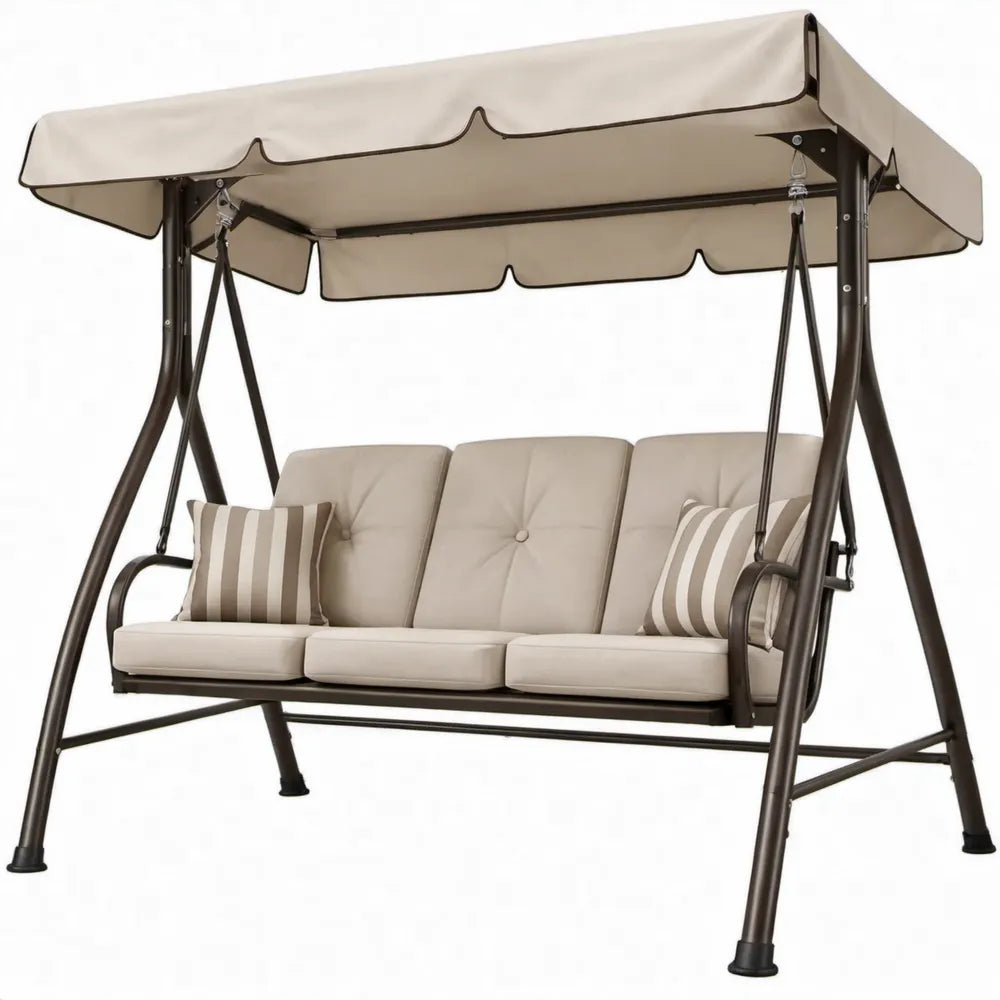 3-zits schommelbank met verstelbare luifel, 200 x 120 x 170 cm, beige/donkerbruin/zwart