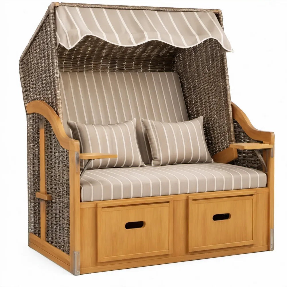 Strandkorf voor 2 personen met verstelbare overkapping, 120 x 80 x 160 cm, Bruin/Beige