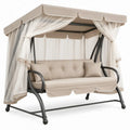 3-zits Hollywoodschommel met luifel en gordijnen, 200 x 120 x 170 cm, beige/wit/zwart