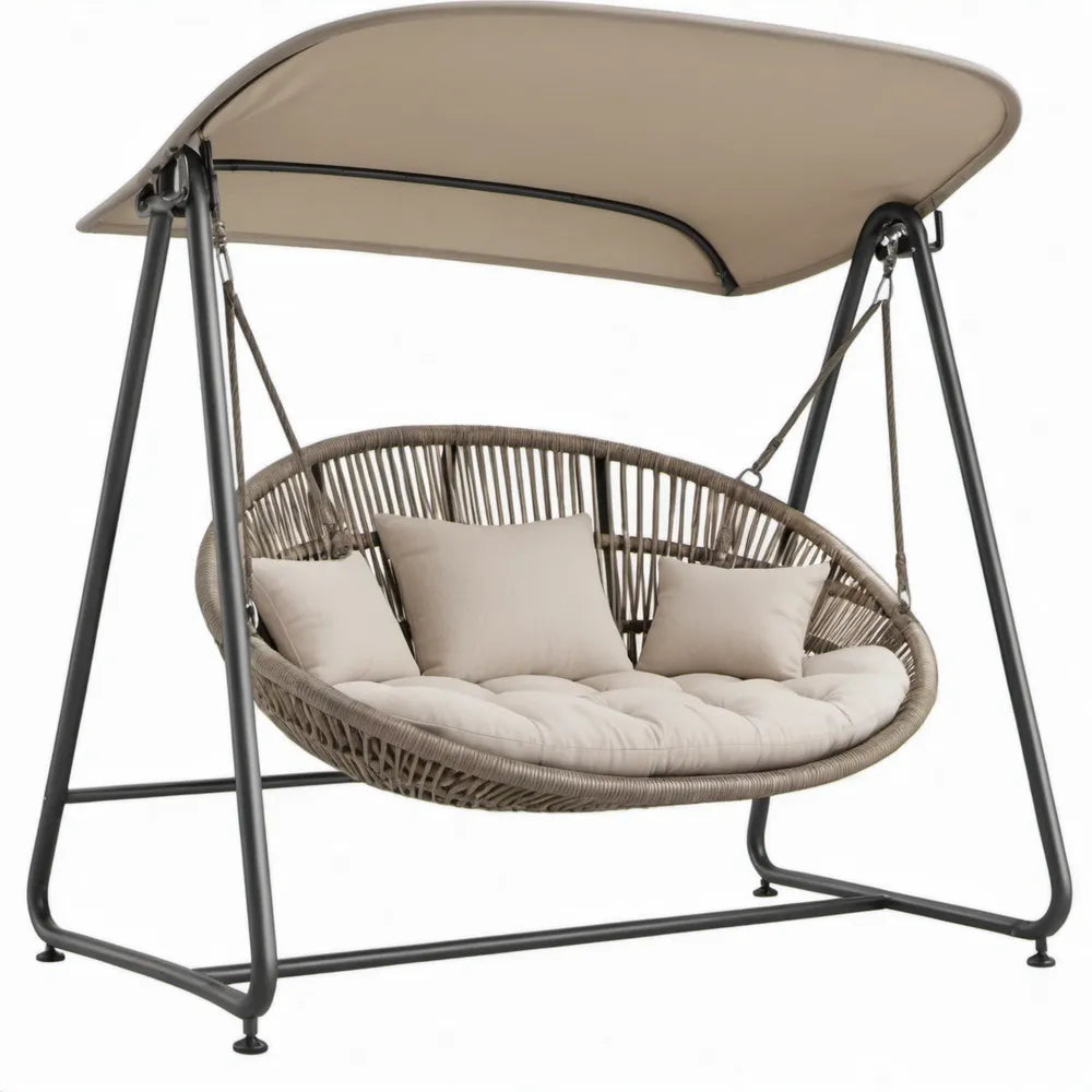 Tweepersoons Schommelbank met Zonnedak, Beige/Taupe/Antraciet, 200 x 130 x 170 cm
