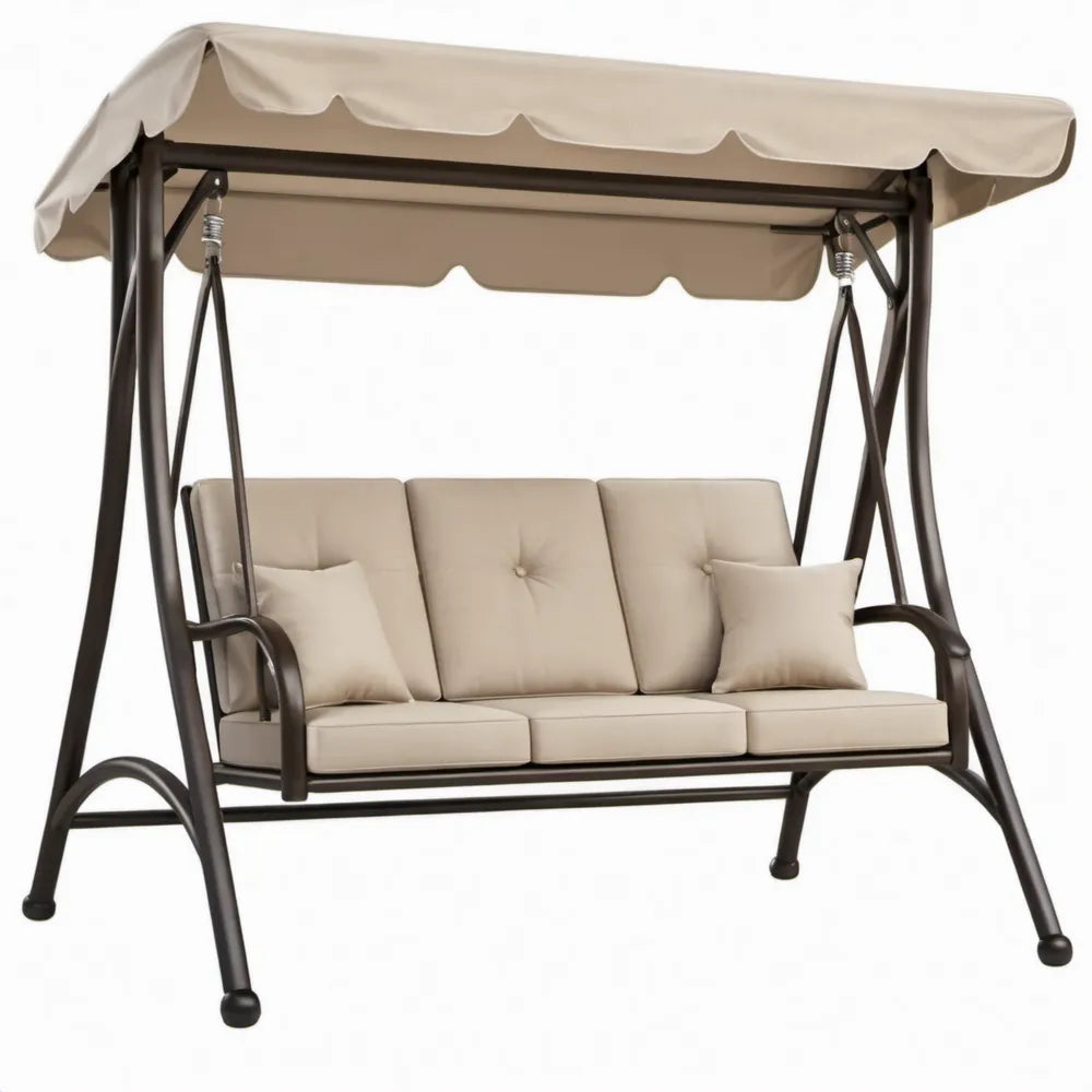 3-zits tuinschommel met verstelbare luifel, 200 x 120 x 170 cm, beige en donkerbruin