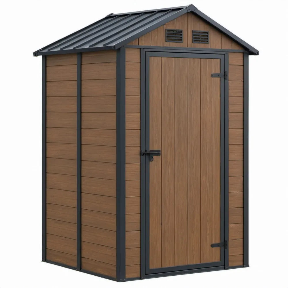 Tuinschuur met zadeldak 130 x 75 x 184 cm bruin/antraciet van PP-kunststof en gegalvaniseerd staal