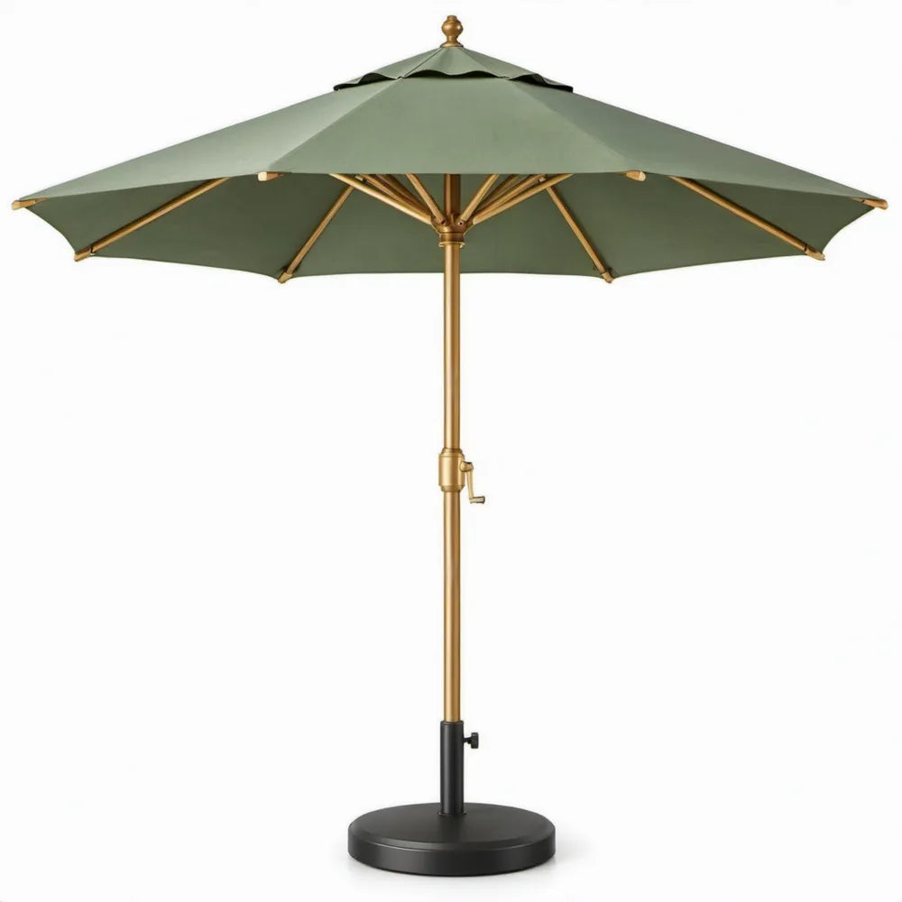 Ronde groene parasol Ø 300 cm met goudkleurig aluminium frame en zwarte voet