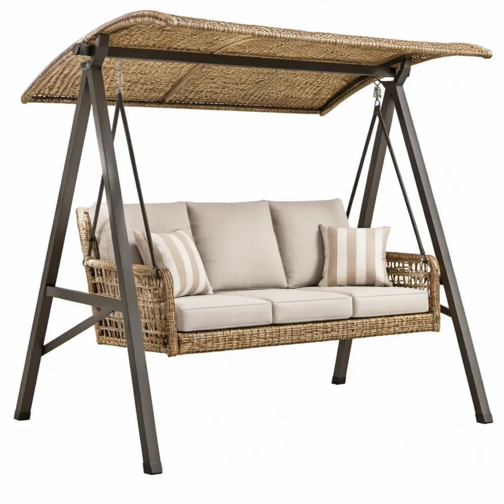 3-zits tuinschommel met luifel 210 x 125 x 175 cm beige/bruin/donkerbruin