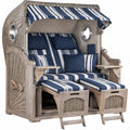 Tweepersoons strandstoel met overkapping en uitschuifbare voetsteunen, 120 x 80 x 160 cm, beige/donkerblauw/wit