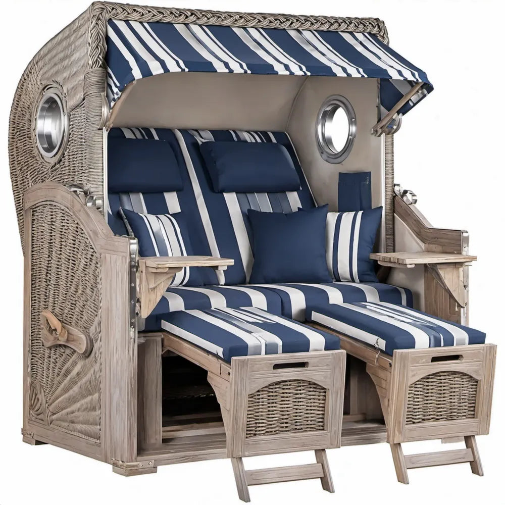 Tweepersoons strandstoel met overkapping en uitschuifbare voetsteunen, 120 x 80 x 160 cm, beige/donkerblauw/wit