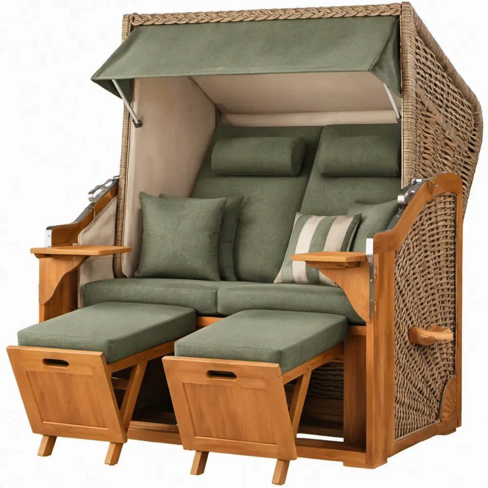 2-persoons strandkorf met zonneluifel en uitschuifbare voetensteunen, 120 x 80 x 160 cm, groen/beige
