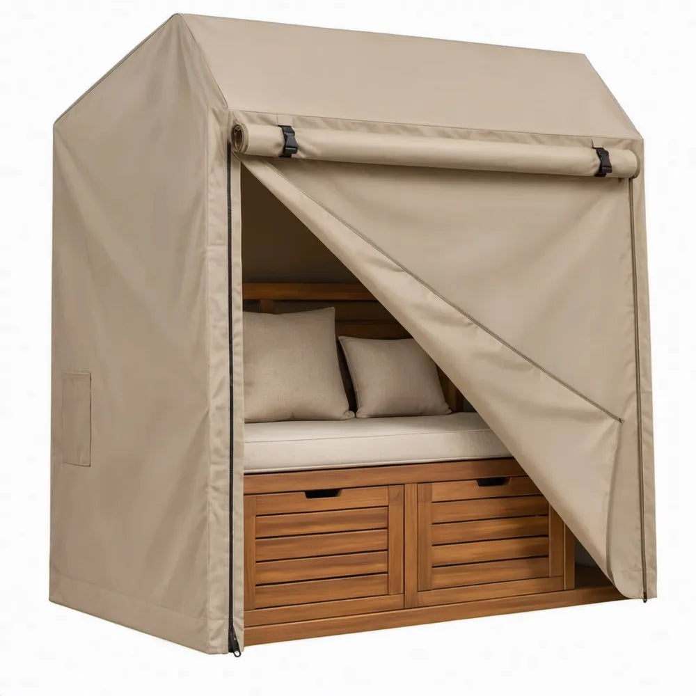 Dubbele strandstoel met beige overkapping van acaciahout en polyester, 120 x 80 x 160 cm