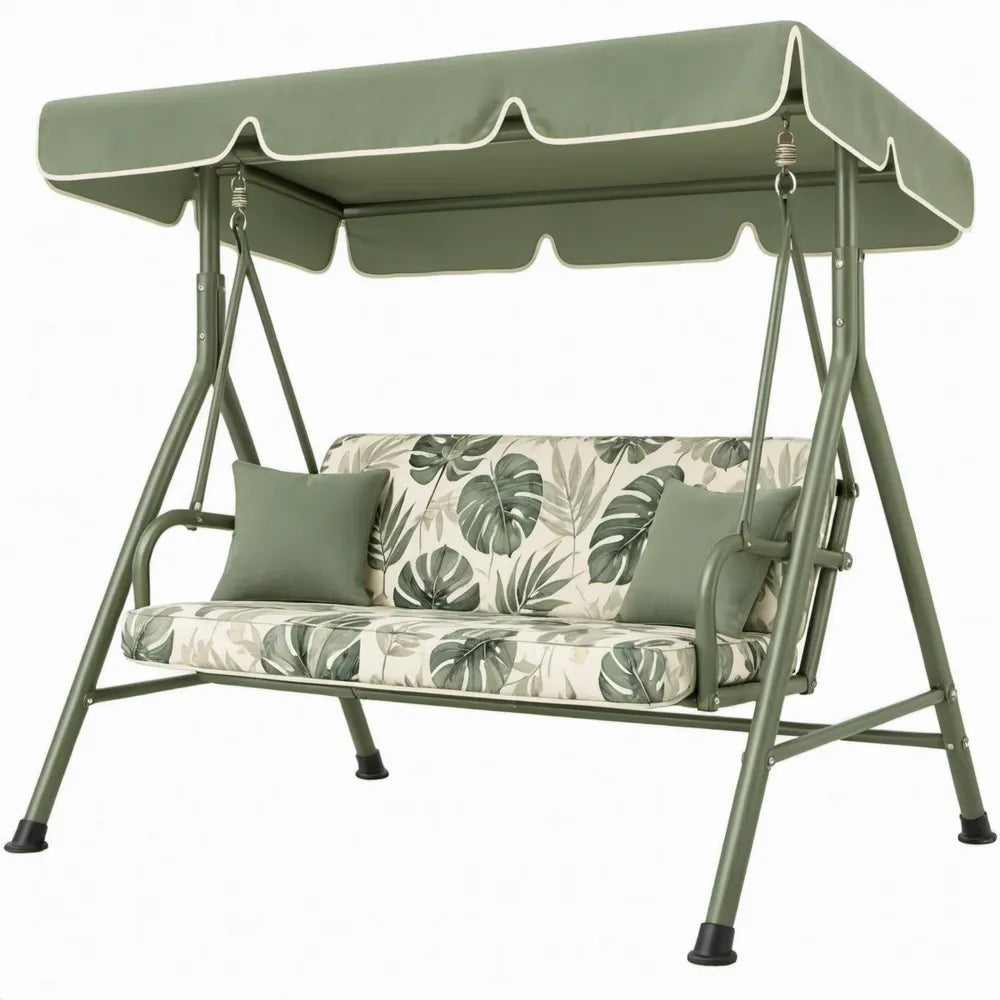 Groene schommelbank met luifel en bladpatroon, 170 x 110 x 153 cm