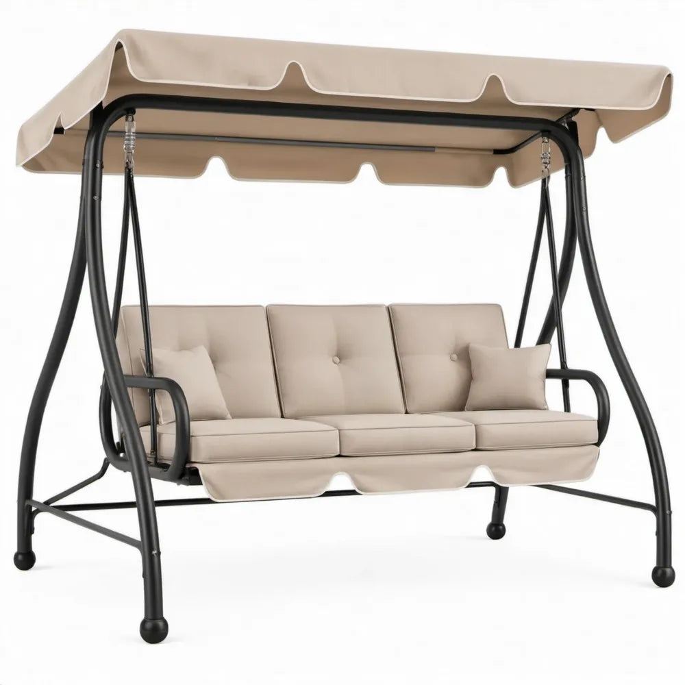 3-zits tuinschommel met zonnescherm, 200 x 120 x 170 cm, beige en zwart, gepoedercoat staal en polyester