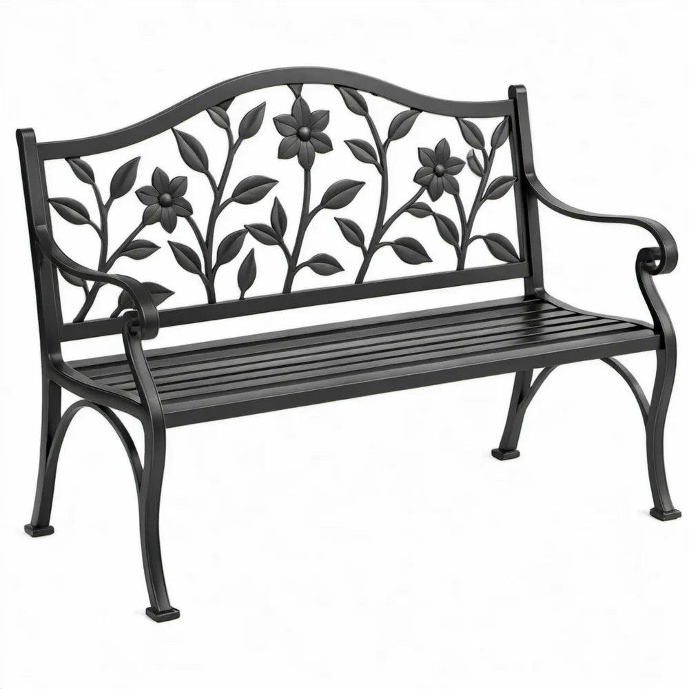 Zwarte 2-zits tuinbank van gegoten aluminium met bloemenreliëf, 122 x 56 x 87 cm