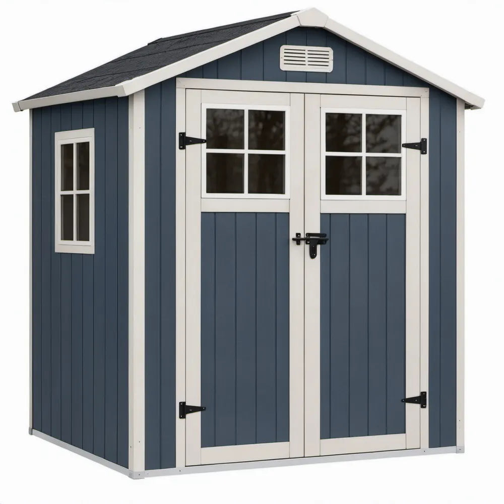Kunststof tuinschuur 185 x 185 x 205 cm met dubbele deur, donkerblauw/wit/zwart