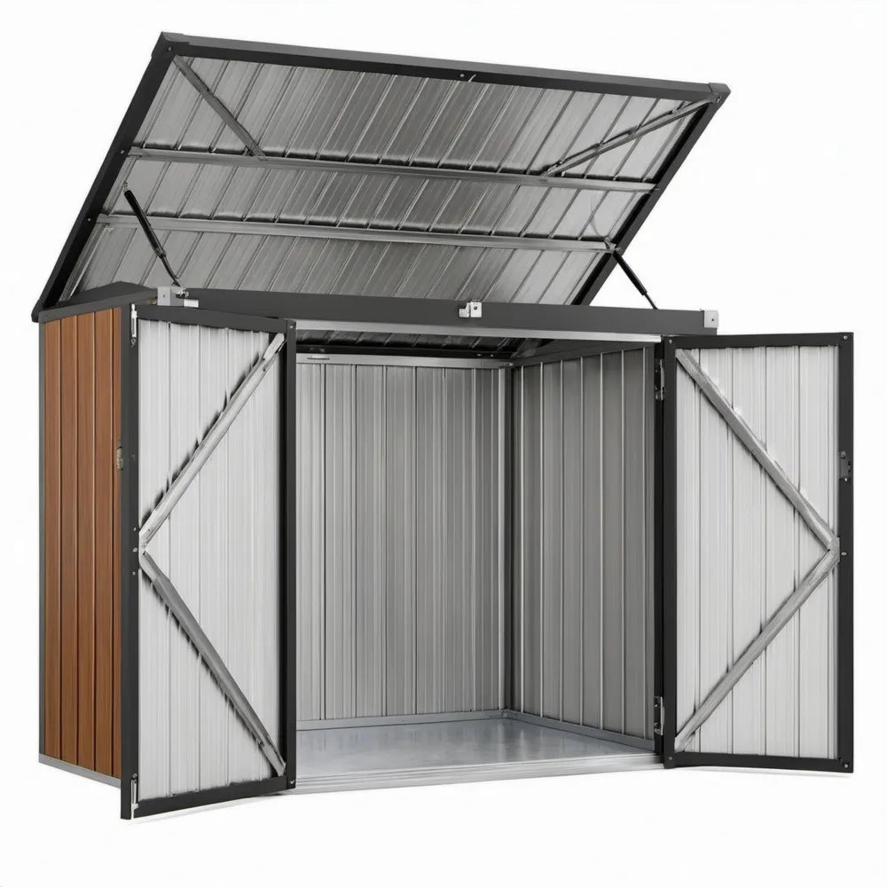 Metalen opbergschuur met dubbele deuren en opklapdak, 210 x 130 x 163 cm, Zwart/Zilver/Bruin