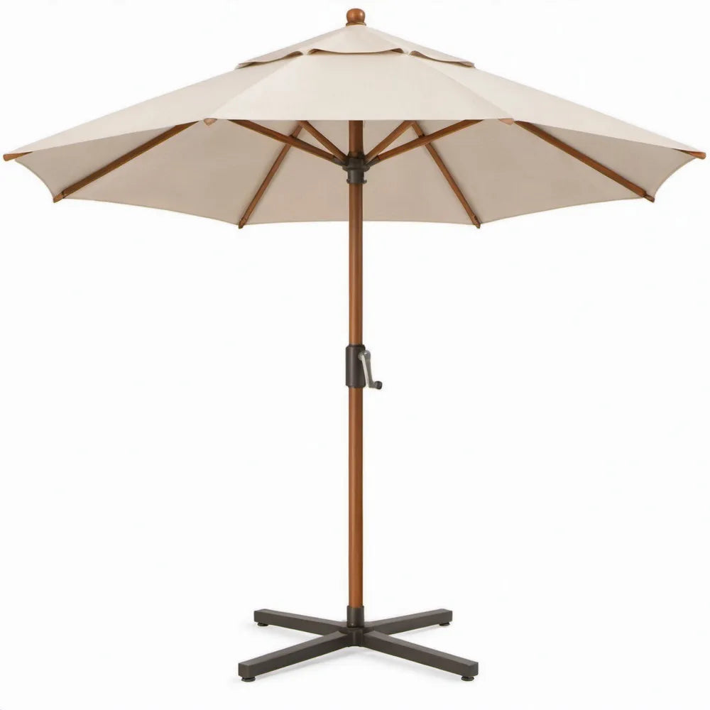 Ronde tuinparasol Ø300 cm met kruisvoet, beige polyester en houten frame