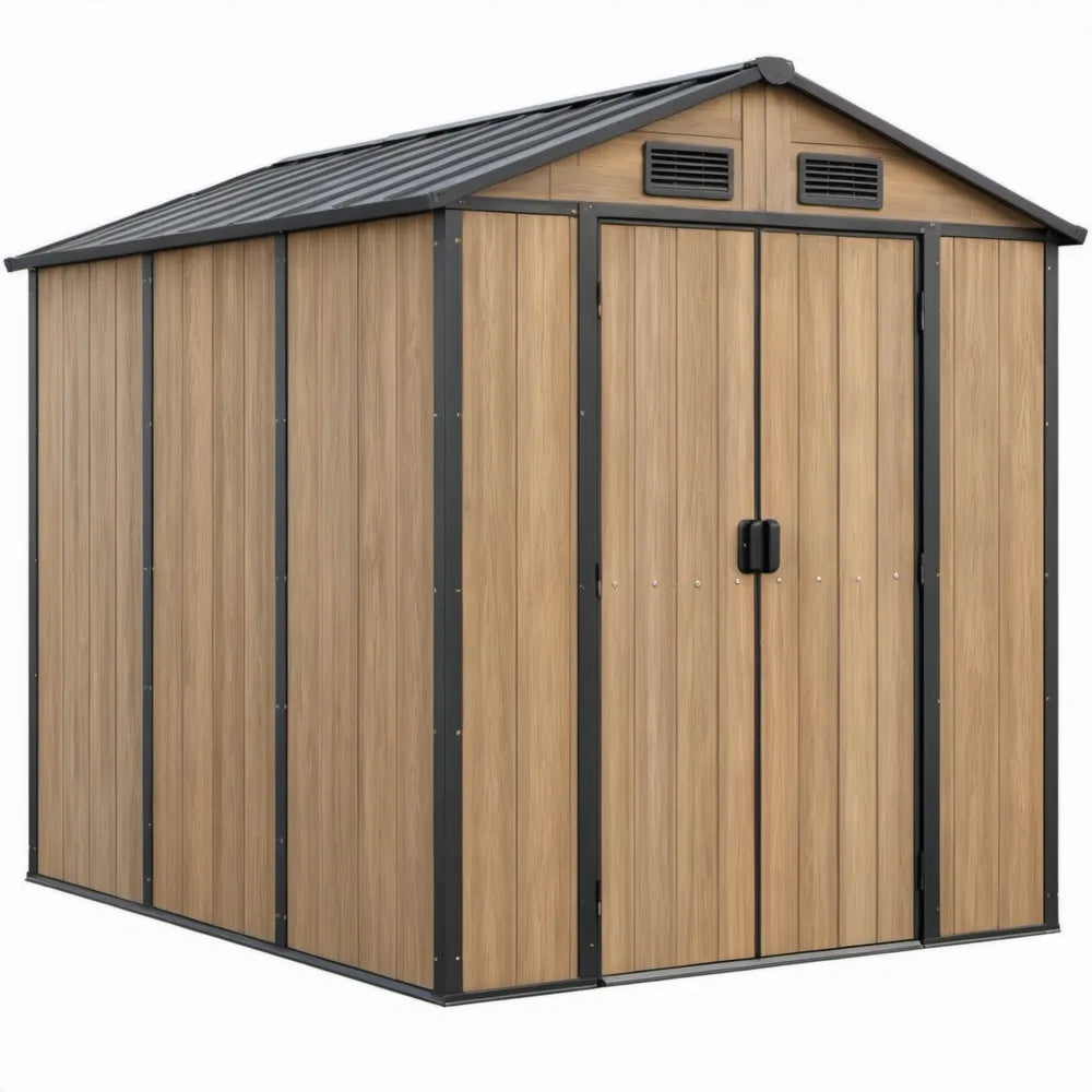 Metalen tuinschuur met dubbele deur 277 x 191 x 192 cm in houtlook bruin/antraciet