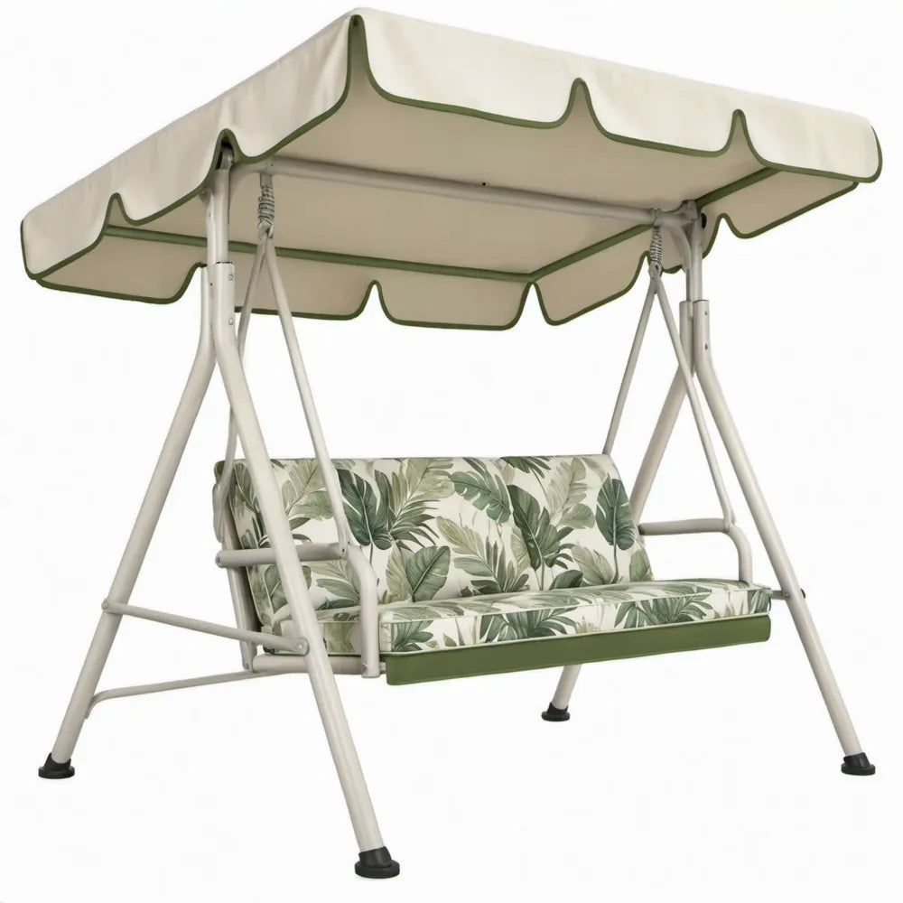 3-zits tuinschommel met luifel, 170 x 110 x 153 cm, crème/groen/grijsgroen