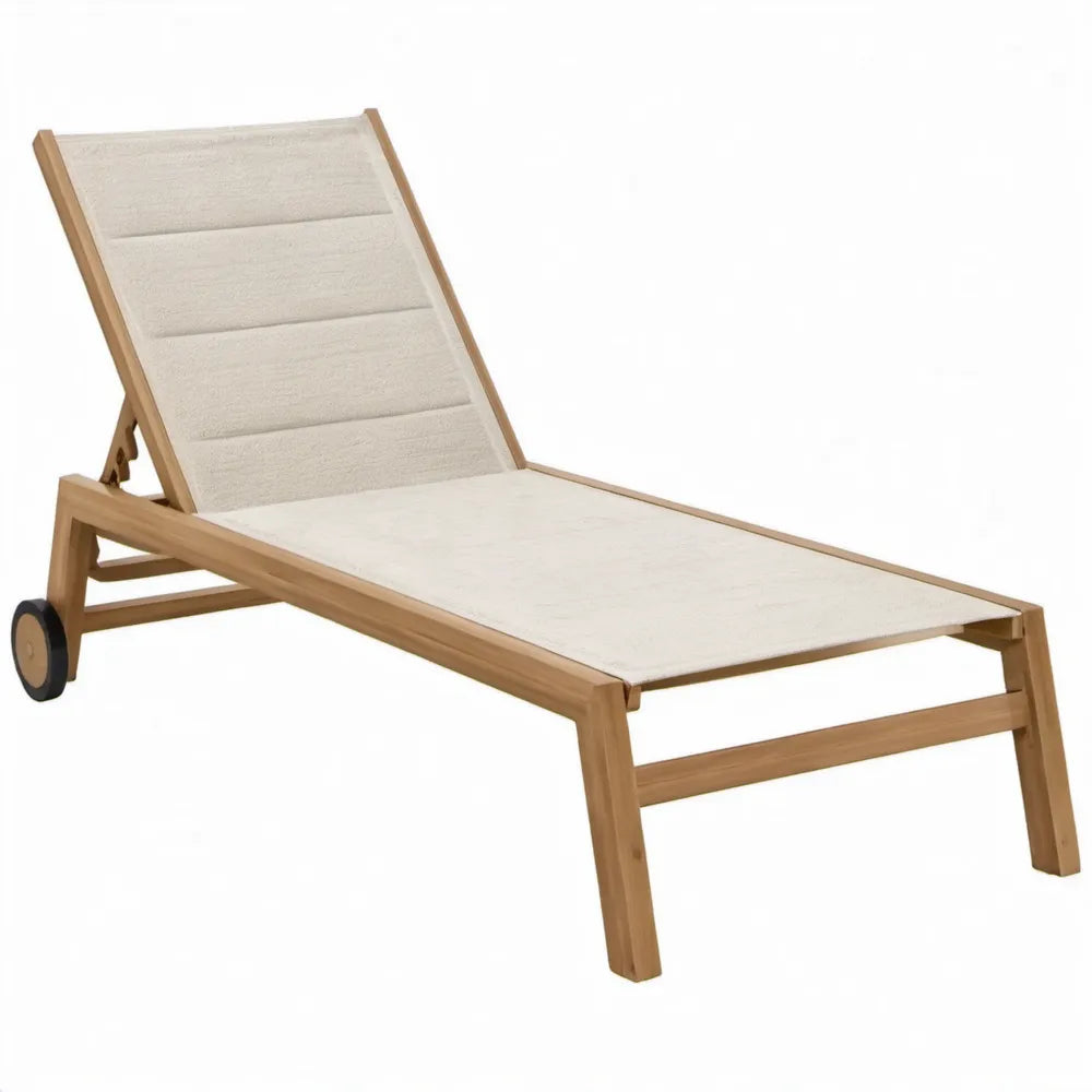 Ligbed met wielen en verstelbare rugleuning 200 x 65 cm Naturel/Crème Acaciahout en textilene